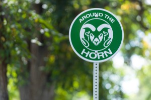 The Around the Horn shuttle lollipop signs on the Colorado State University campus