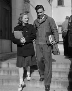 Photo of Mr. and Mrs. Bartrum walking on campus on November 30, 1946. Photo was taken for C.S.C. Students and written in the 'name' field is "Ed Servio".