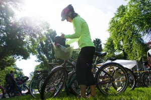 Bicycle commuters celebrate Bike to Work Day at breakfast station on the Colorado State University Oval, June 25, 2014.