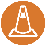 Circular orange icon of a traffic cone.