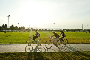 Students riding their bikes near the Intramural Fields on the Colorado State University campus. September 07, 2010