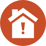 Red circular icon with a house that has a red exclamation mark in the center.