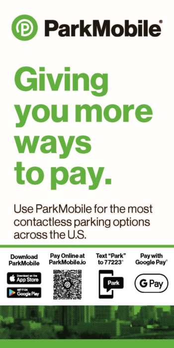 AD for ParkMobile noting available on apple and android app stores and compatible with G Pay.