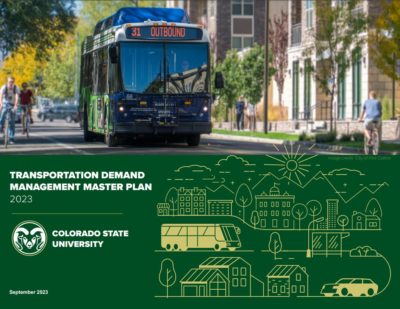Front page of document with photo of bus driving on a street. Text below says Transportation Demand Management Master Plan 2023.