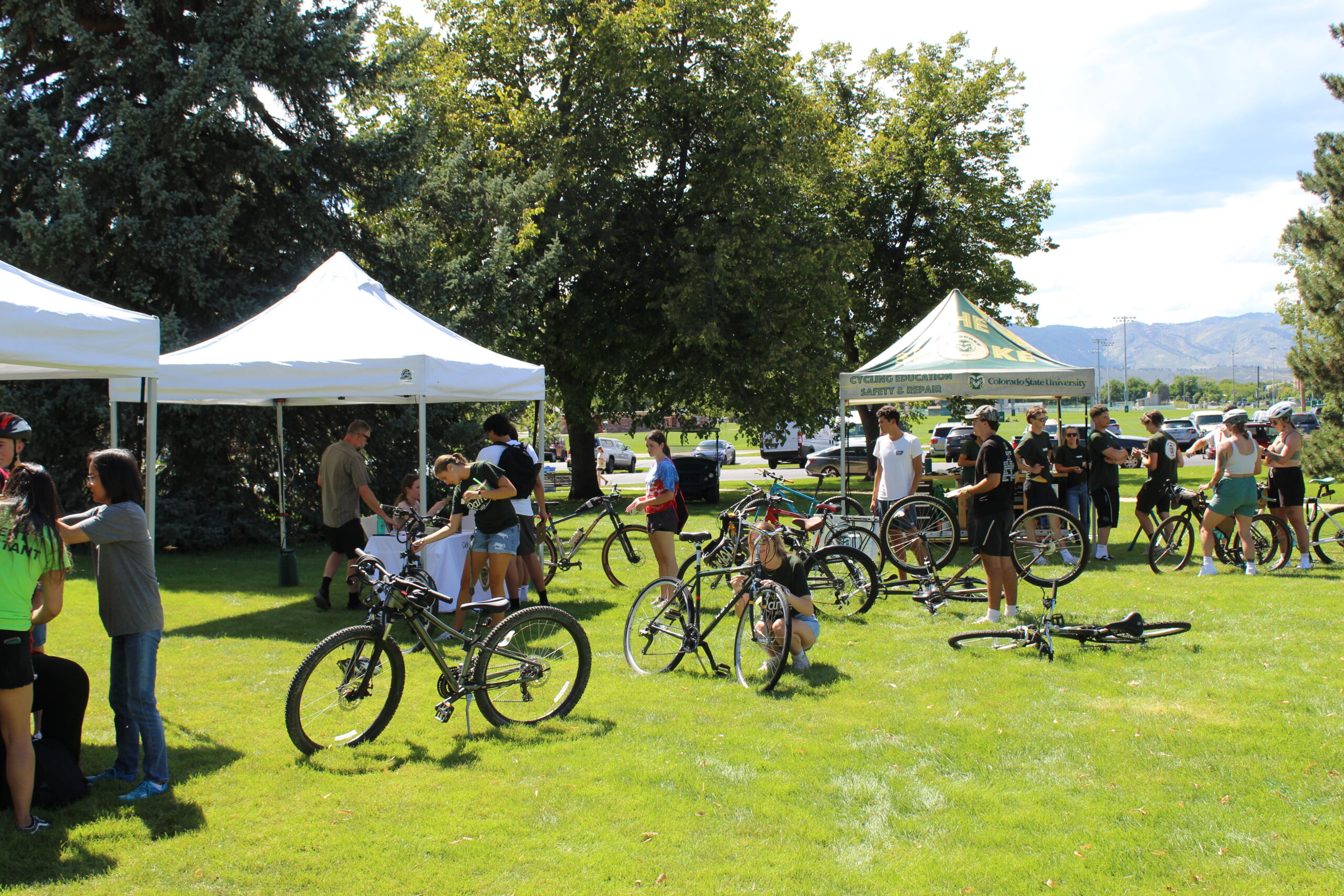 A large group of people gather on the Lagoon with their bicycles on the Lagoon on a sunny summer day for a bicycle riding event.
