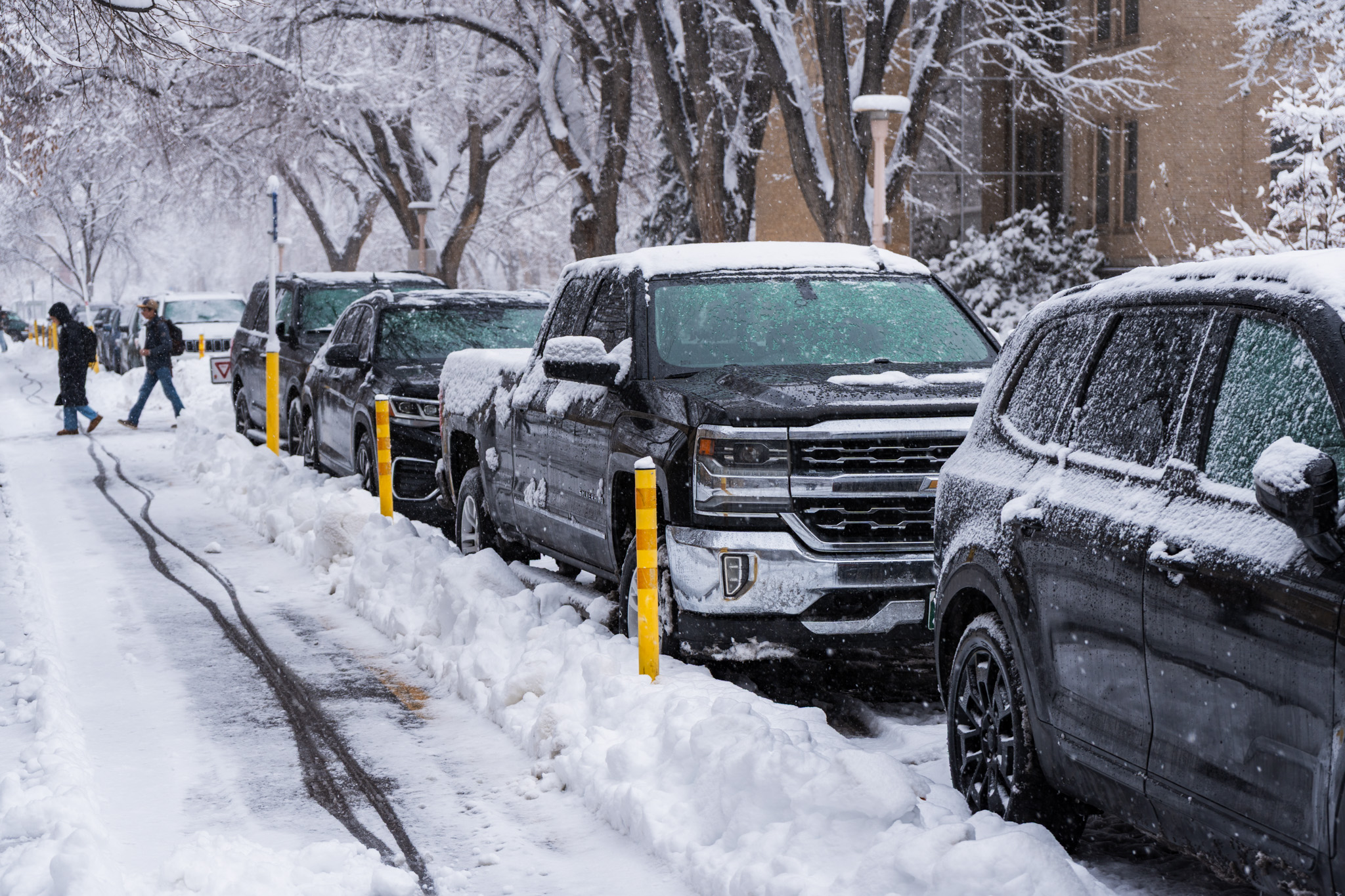 Snow-covered cars parked along a campus street during active snowfall, with two people walking in the background and tree branches coated in fresh snow.