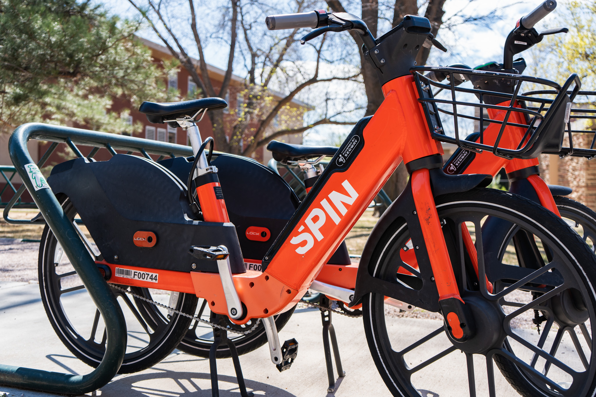 Spin bikes on bike racks.