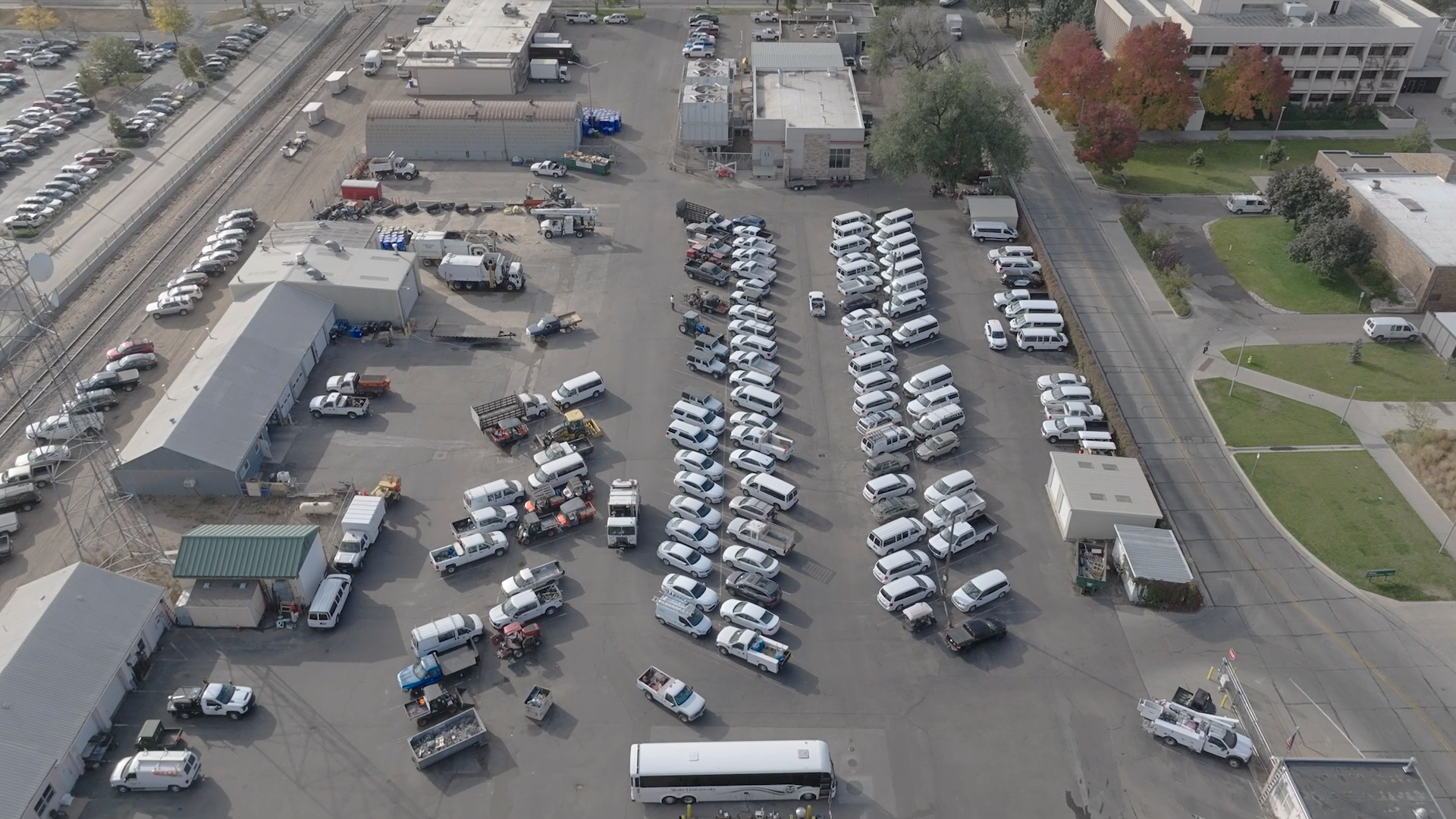overhead view of parking lot with fleet vehicles